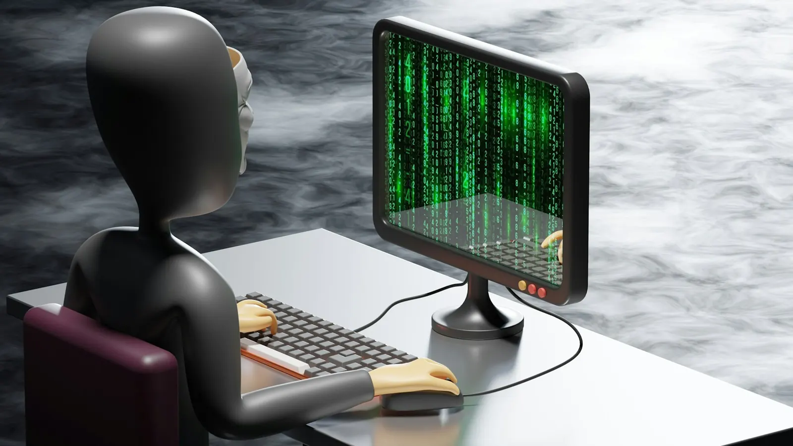 Illustration: Figur vor einem Bildschirm mit Code