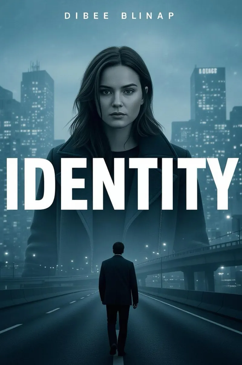 Buchcover „Identity“: Frau vor nächtlicher Großstadt